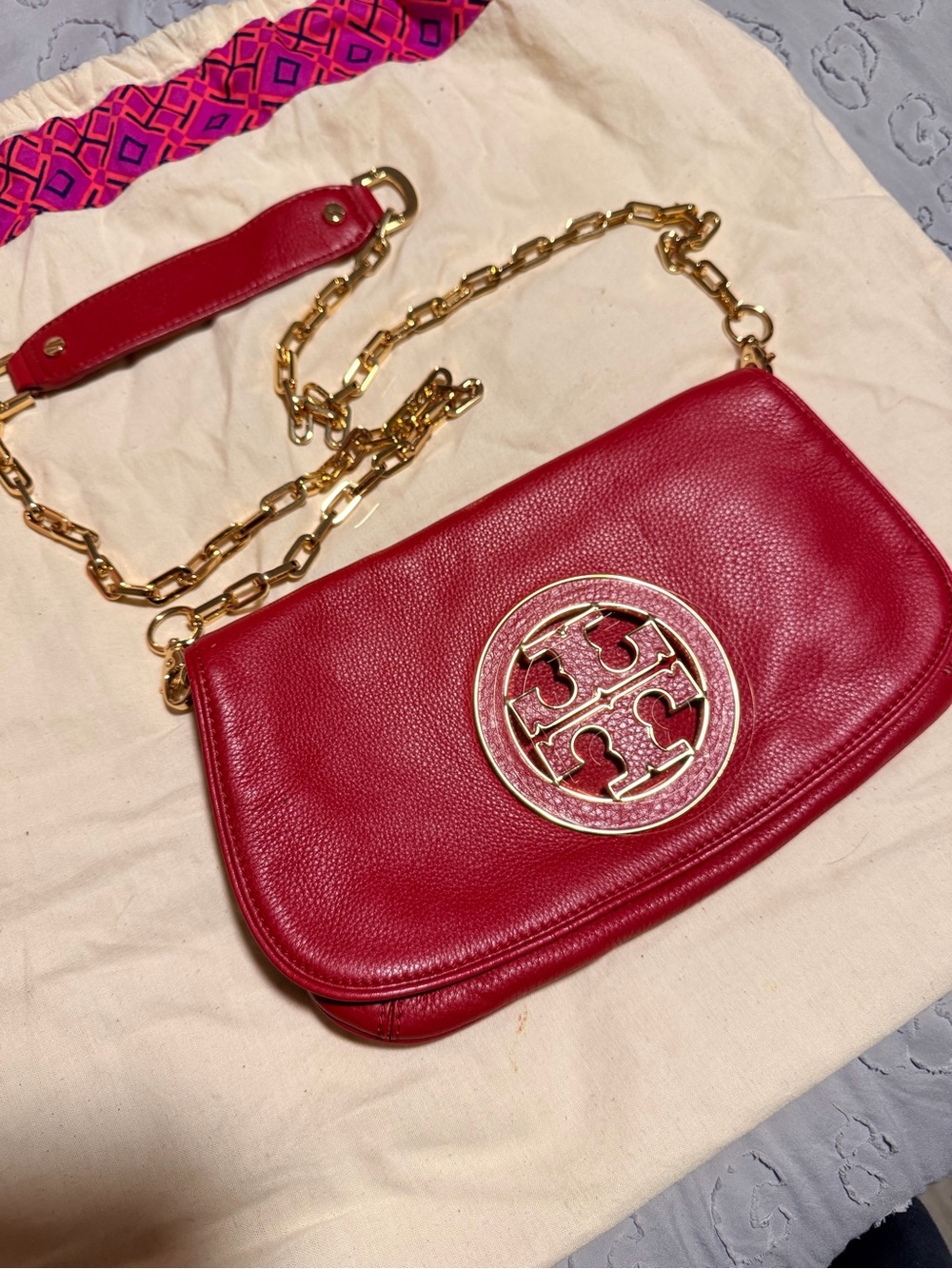 Tory Burch Cherry Red Leather Crossbody with Gold Logo Chain